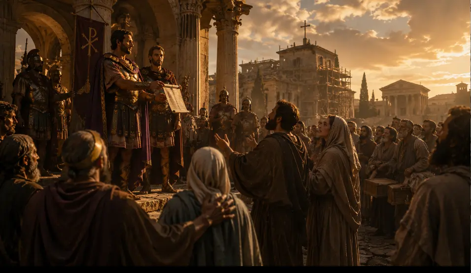 Generated cinematic scene of the Edict of Milan era, representing the meeting of faith, law, and institution