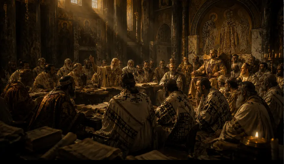 Generated cinematic reconstruction of bishops gathered at the Council of Nicaea