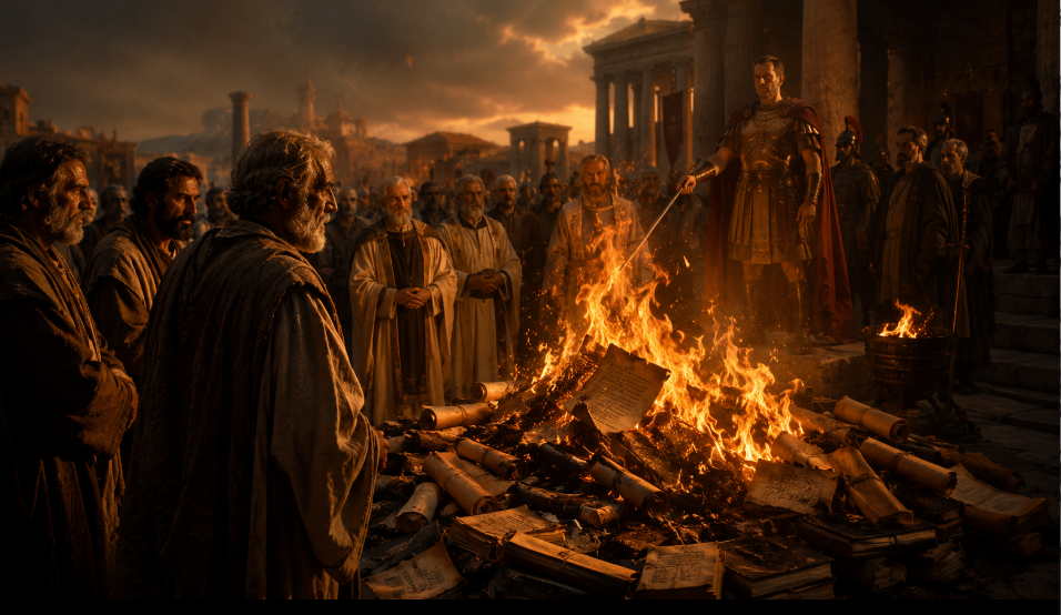 Generated cinematic scene representing the burning of Arius's writings