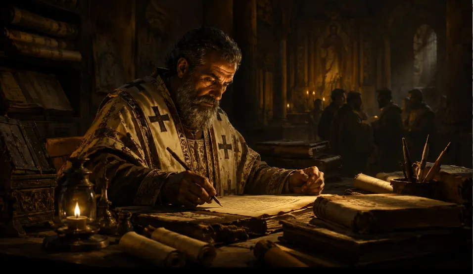 Generated cinematic reconstruction of Athanasius preparing Festal Letter 39