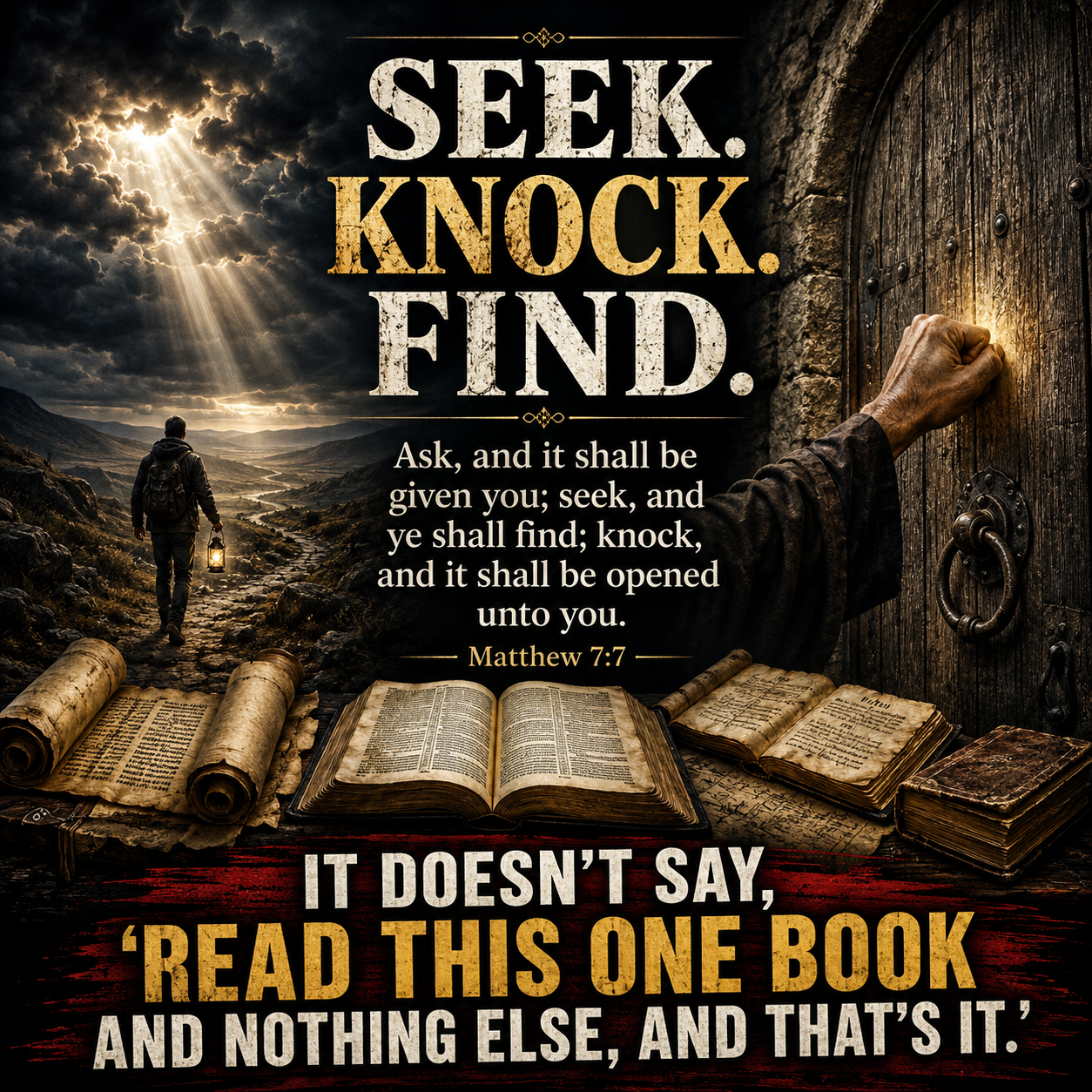 A seeker walks toward light, ancient writings, and an open door beneath the words seek, knock, and find