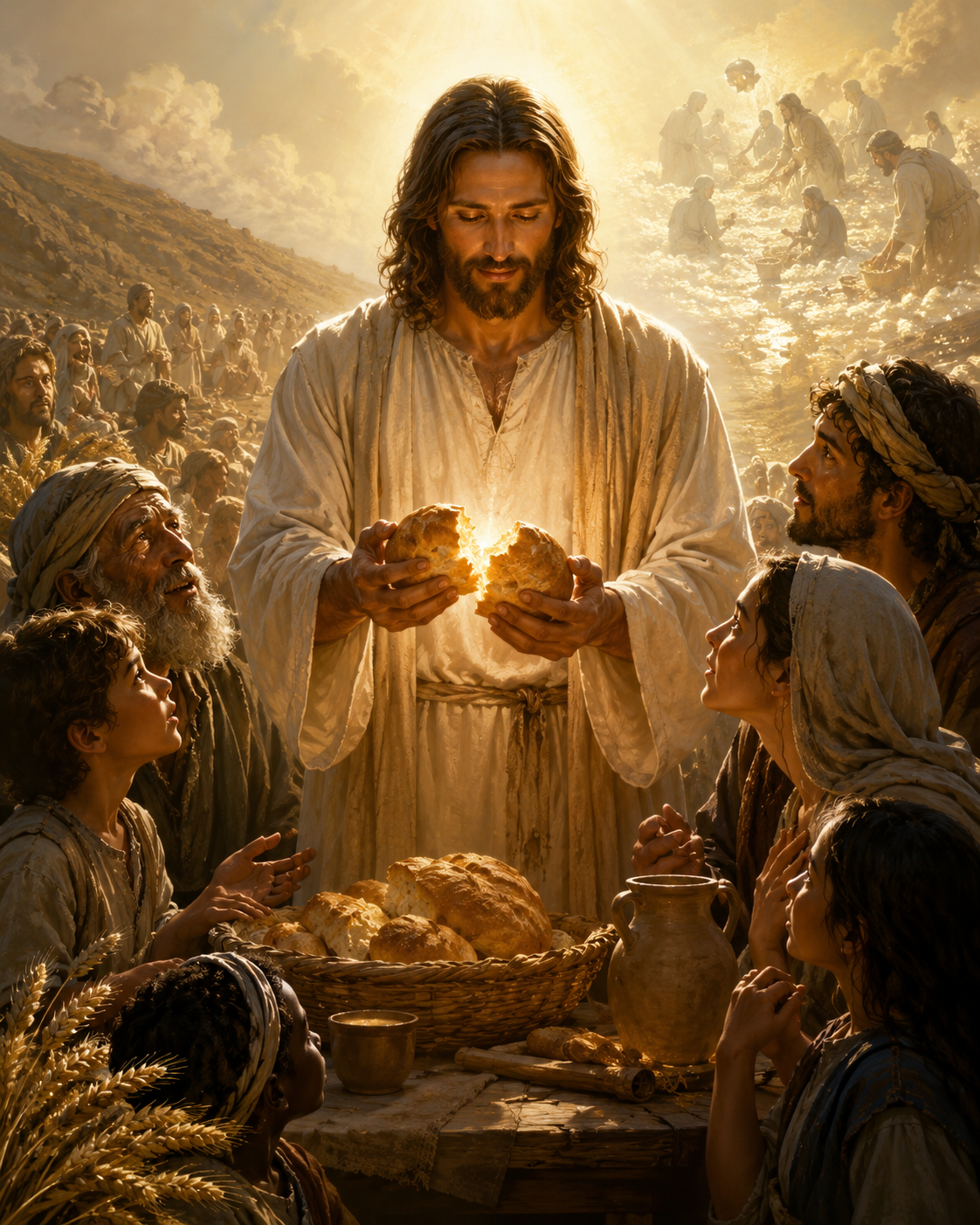 Jesus breaks bread among a gathered community, representing mercy, nourishment, service, and a living body
